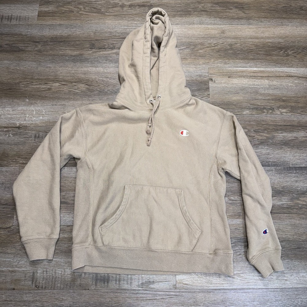 Champion Reverse Weave Hoodie Mens Medium Oatmeal Tan Fleece Pullover "C" Logo